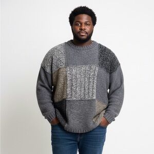 Vintage Eddie Bauer Wool Sweater Mens Siz 2XL Gray Brown Patchwork‎ Chunky Hobo